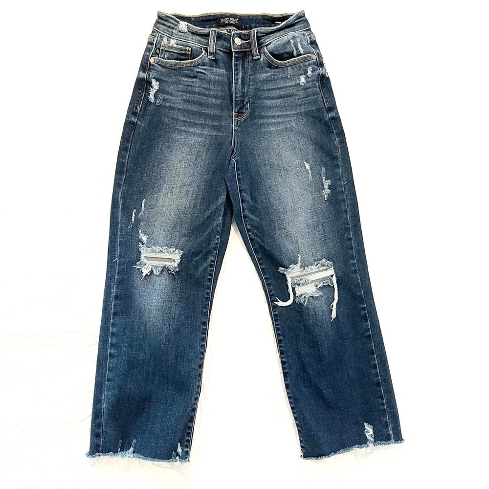 JUDY BLUE Jeans Women’s 25 Blue Wide Leg Cropped Raw Hem LIKE NEW